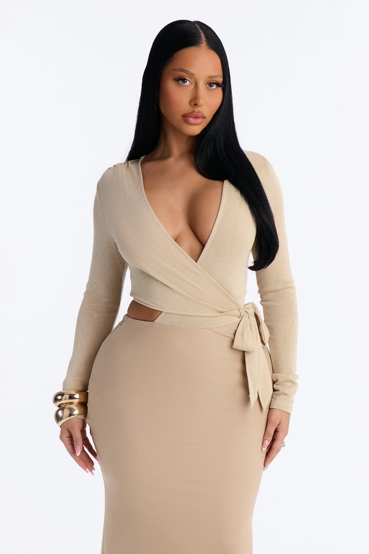Sunday In Soho Long Sleeve Satin Maxi Dress - Taupe