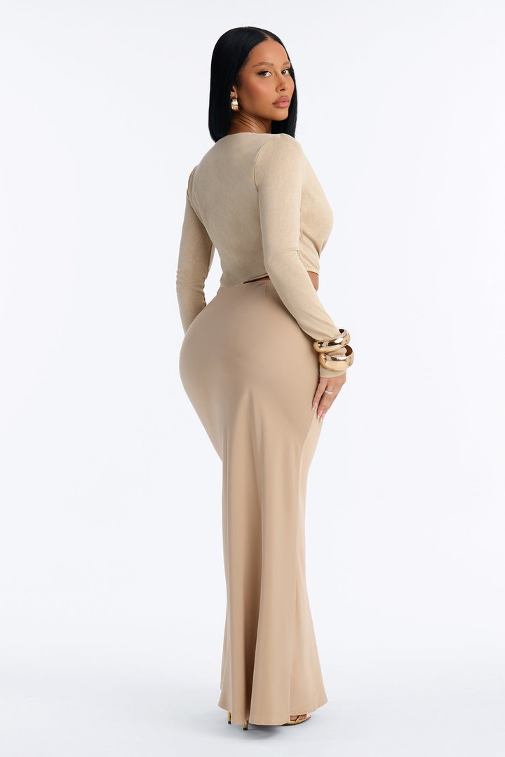 Sunday In Soho Long Sleeve Satin Maxi Dress - Taupe