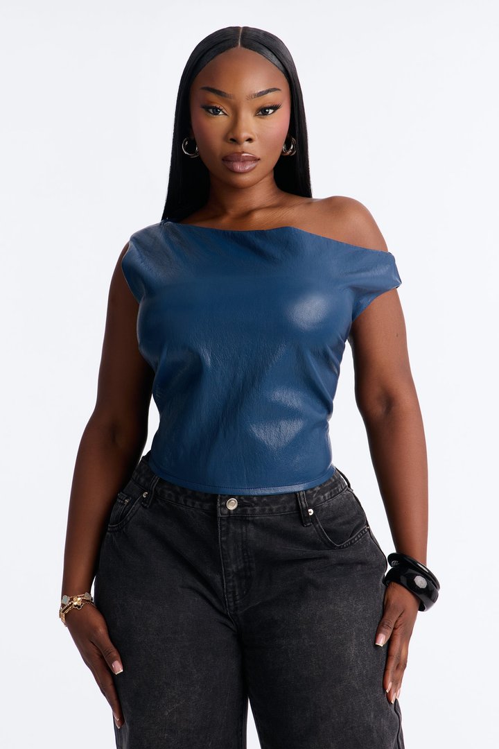 Luna Strappy Faux Leather Top - Navy