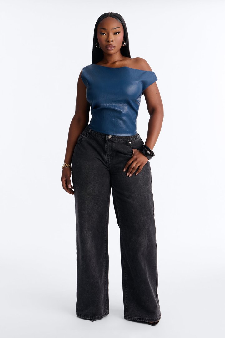 Luna Strappy Faux Leather Top - Navy