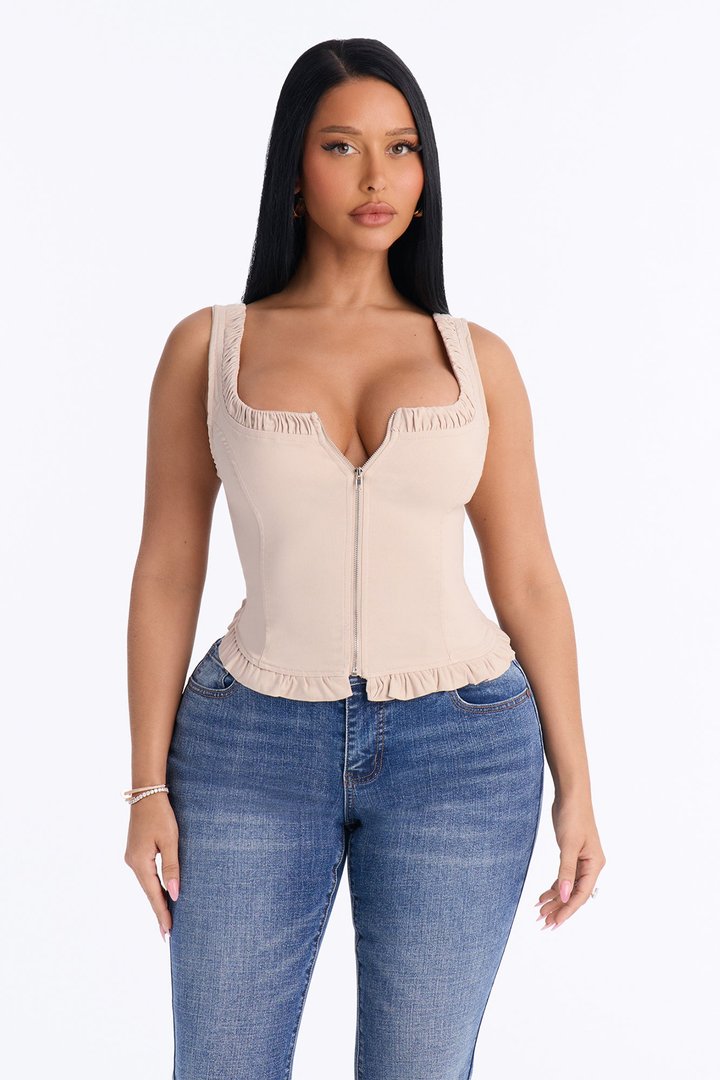 Kasie Ruffle Trim Tank Top - Taupe