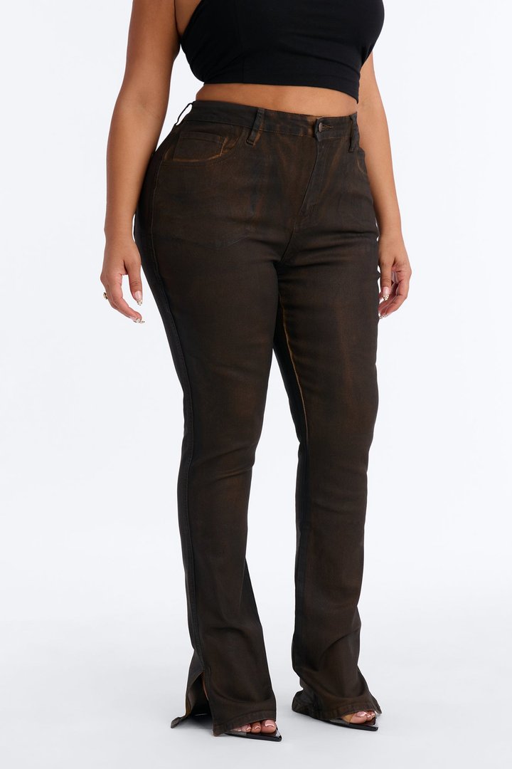 Bronzed Babe Coated Bootcut Jeans - Brown