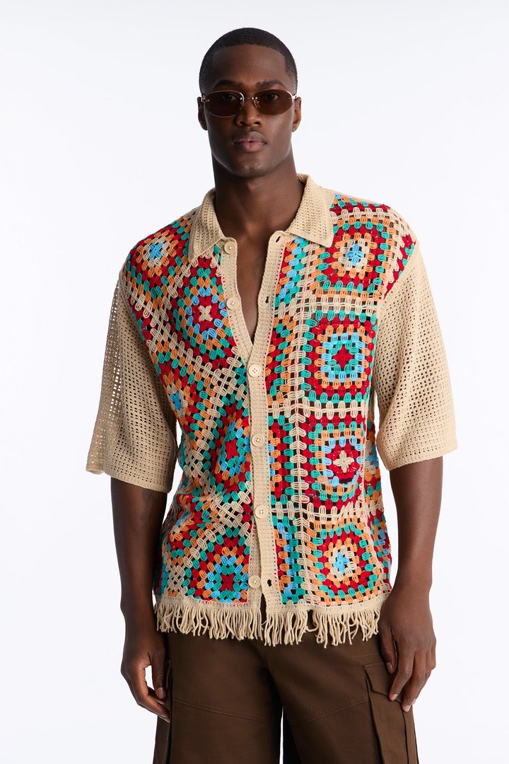 La Playa Crochet Fringe Johnny Collar Button Up Shirt - Taupe/combo