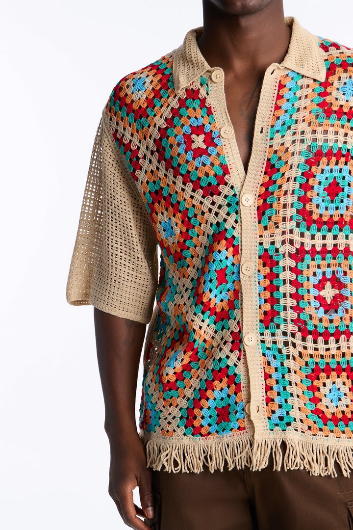 La Playa Crochet Fringe Johnny Collar Button Up Shirt - Taupe/combo
