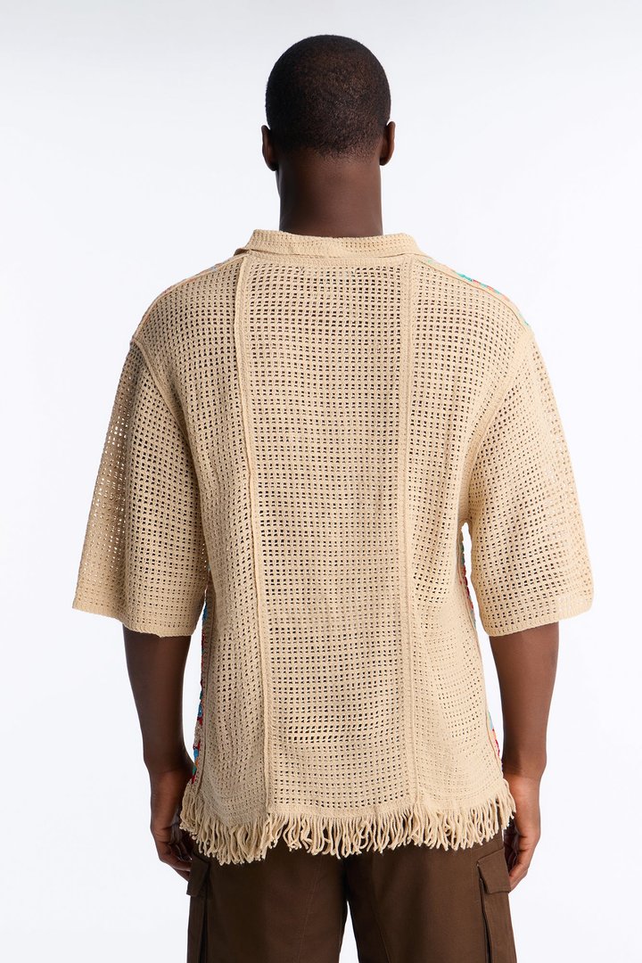 La Playa Crochet Fringe Johnny Collar Button Up Shirt - Taupe/combo