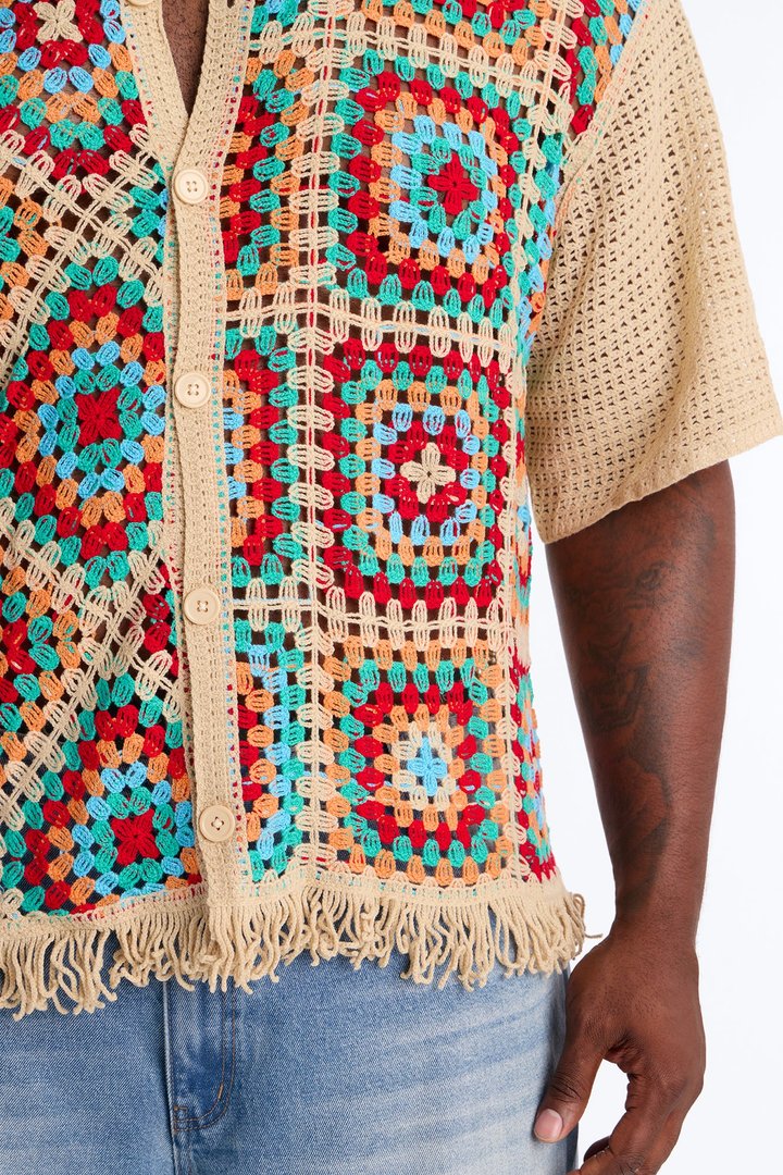 La Playa Crochet Fringe Johnny Collar Button Up Shirt - Taupe/combo