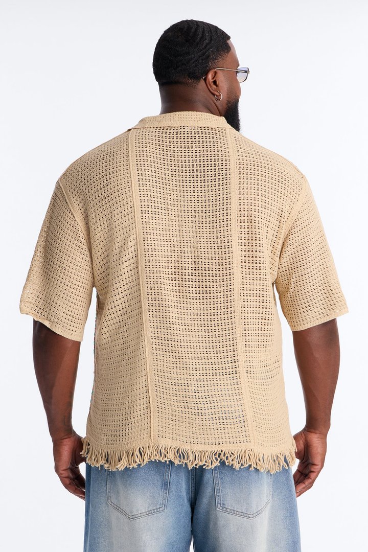 La Playa Crochet Fringe Johnny Collar Button Up Shirt - Taupe/combo