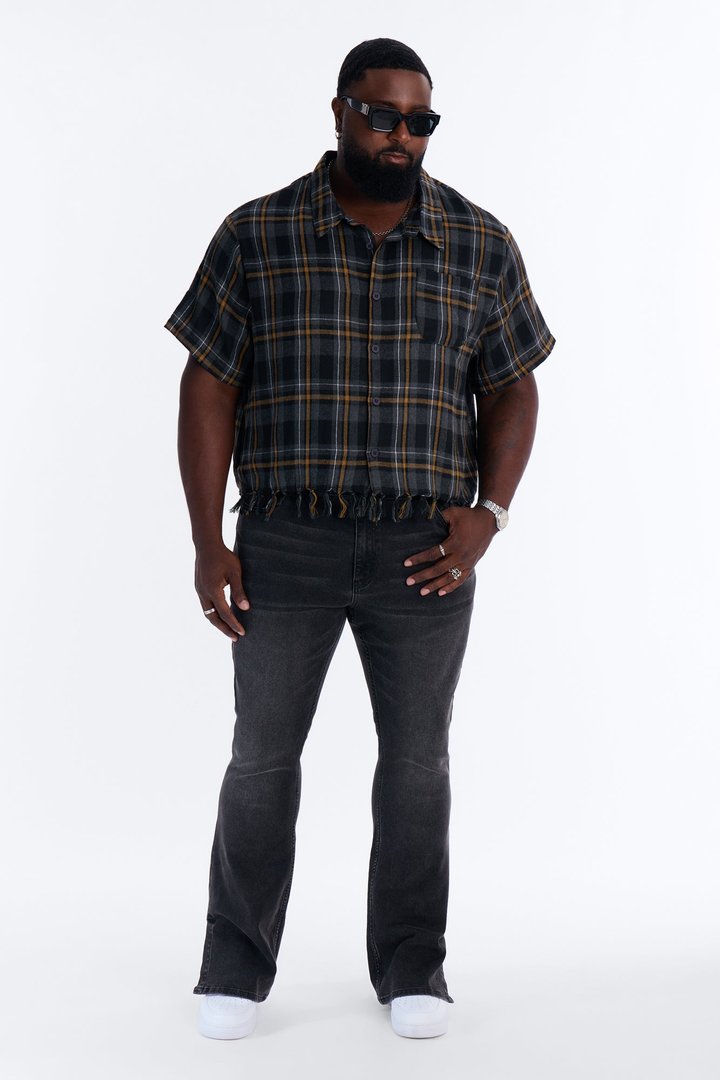 Crossed Paths Fringe Plaid Button Up Shirt - Black/combo