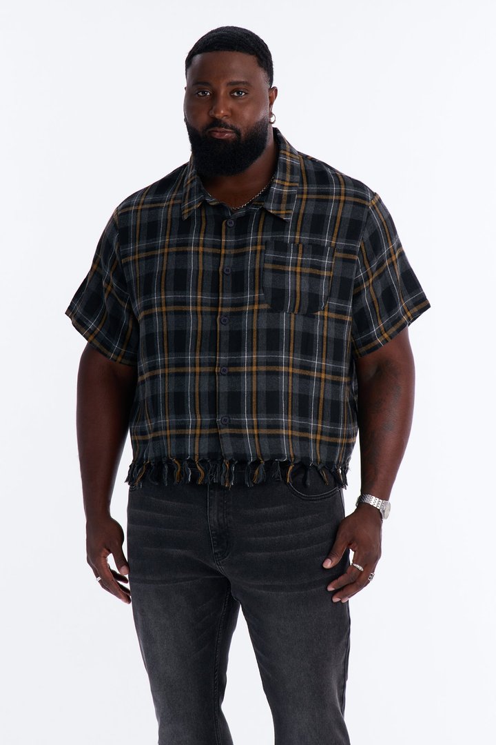 Crossed Paths Fringe Plaid Button Up Shirt - Black/combo