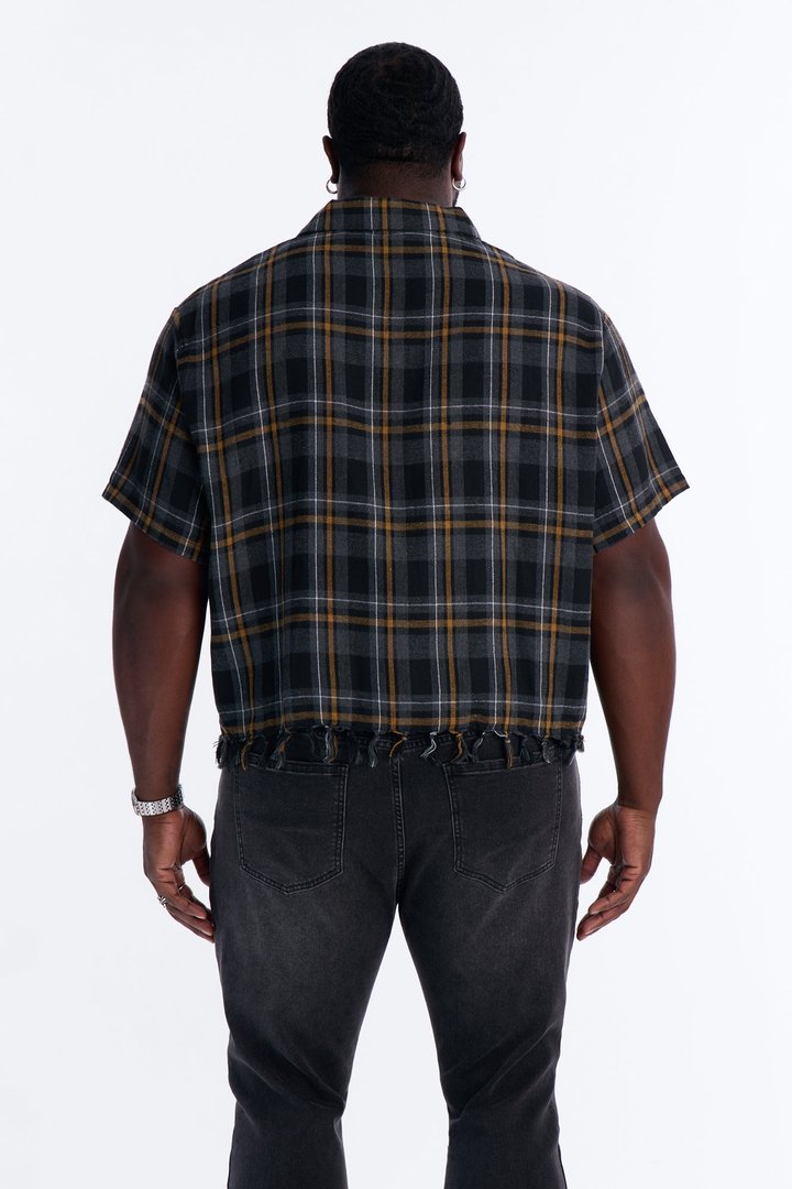 Crossed Paths Fringe Plaid Button Up Shirt - Black/combo