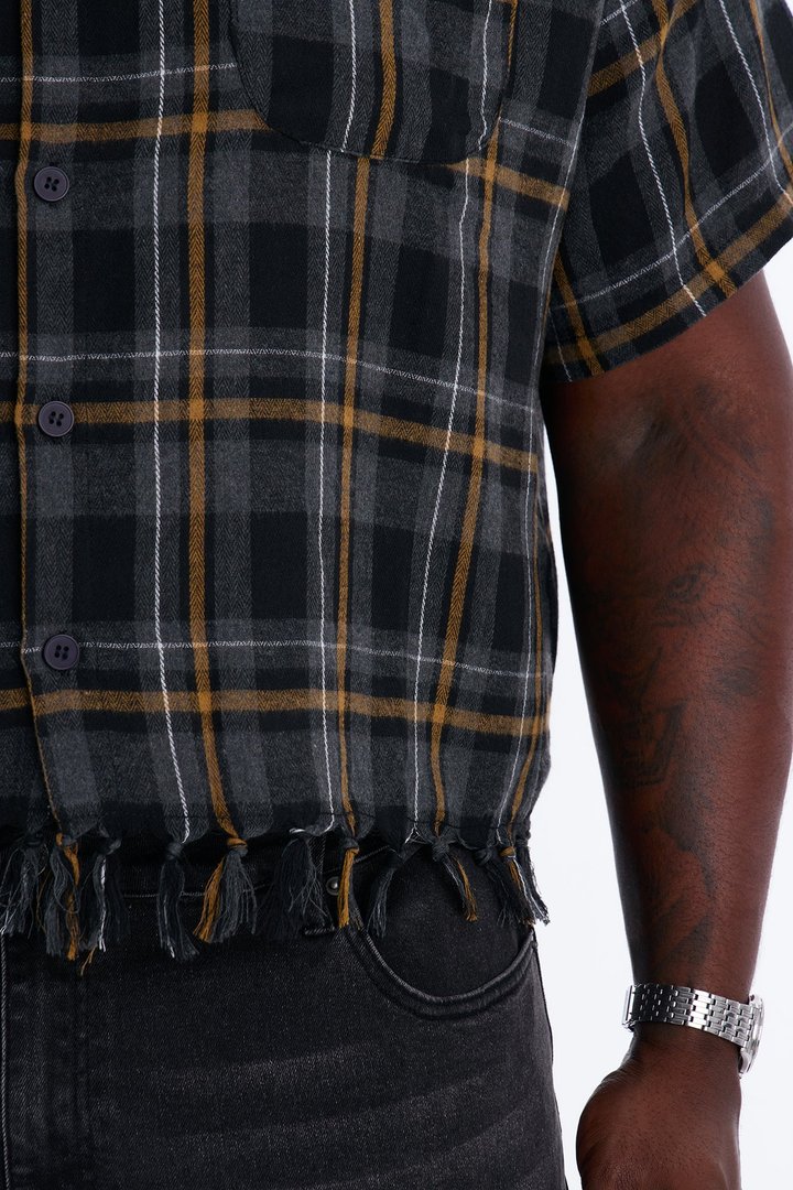 Crossed Paths Fringe Plaid Button Up Shirt - Black/combo