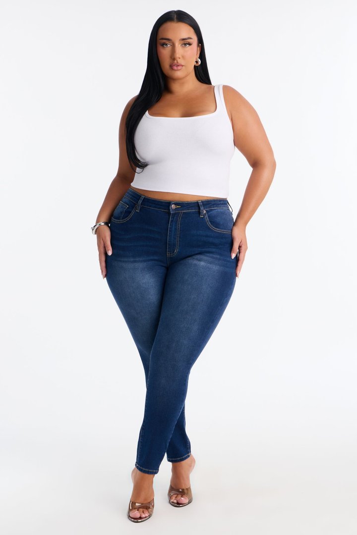 Going Uptown Mid Rise Stretch Skinny Jeans - Dark Wash