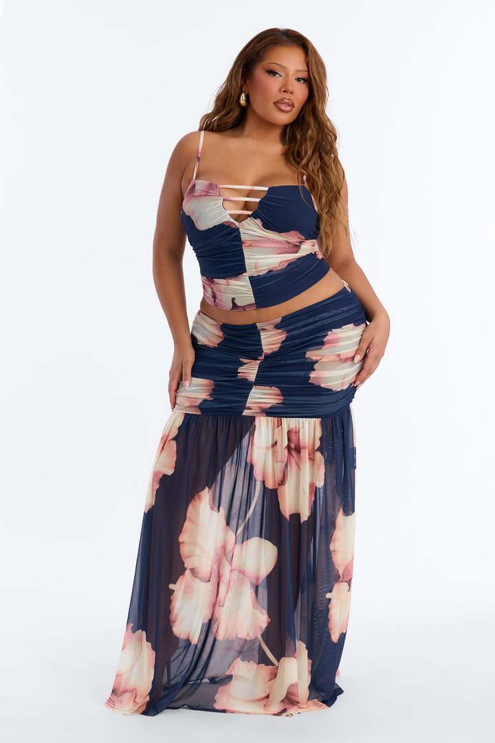 Hallie Floral Mesh Maxi Skirt Set - Navy/combo