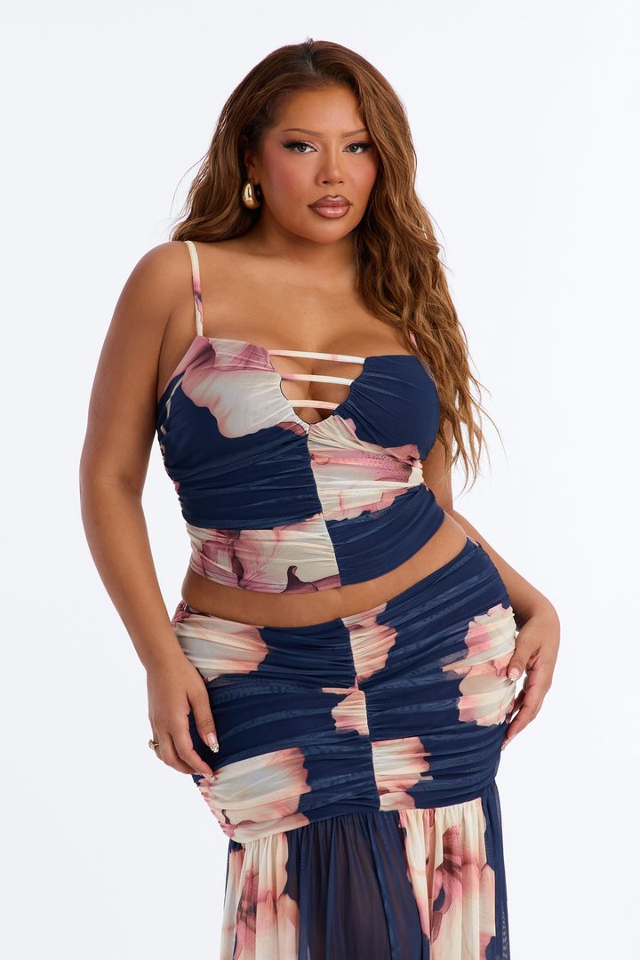 Hallie Floral Mesh Maxi Skirt Set - Navy/combo