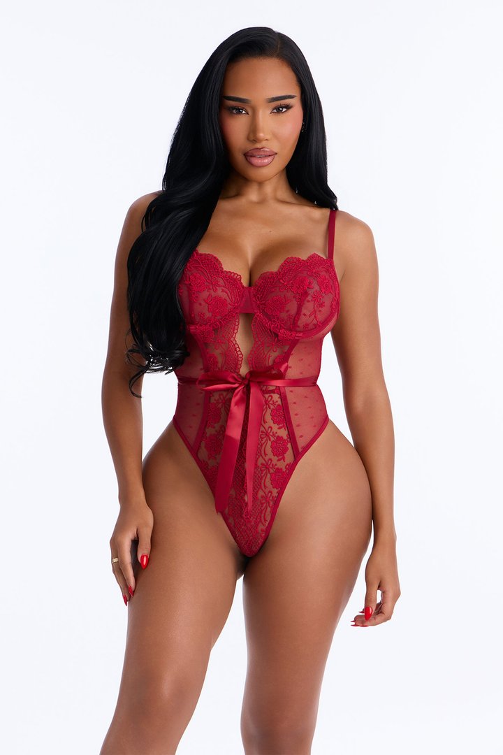 Be Mine Lace Tie Waist Teddy - Red