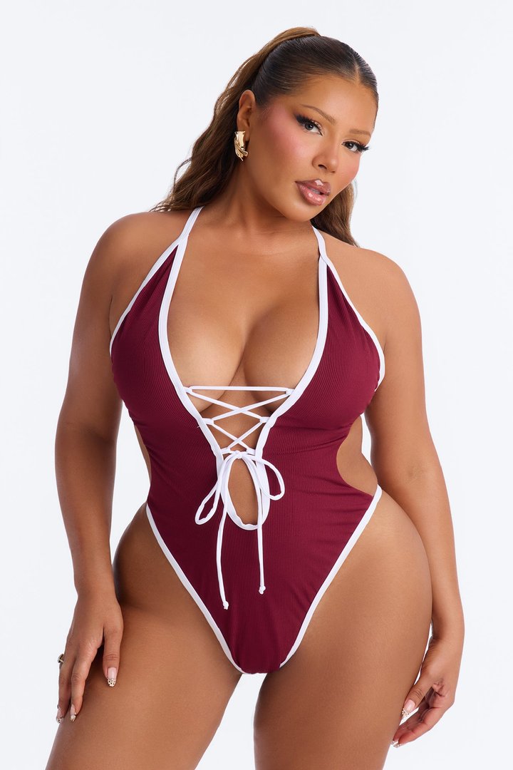 Alexandra Lace Up 1 Piece Monokini - Burgundy/combo