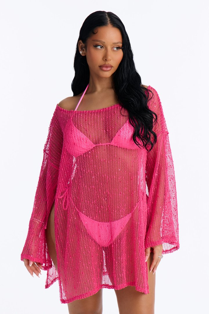 Sarah Textured Long Sleeves Off Shoulder Swim Cover Up Top - Hot Pink