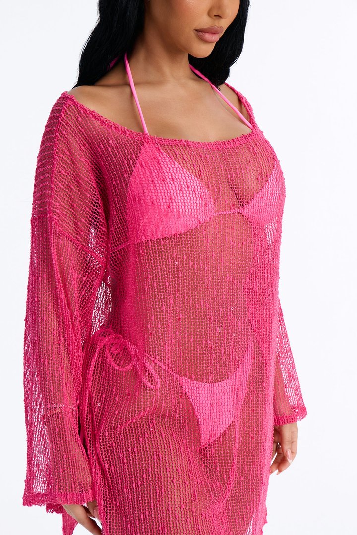 Sarah Textured Long Sleeves Off Shoulder Swim Cover Up Top - Hot Pink