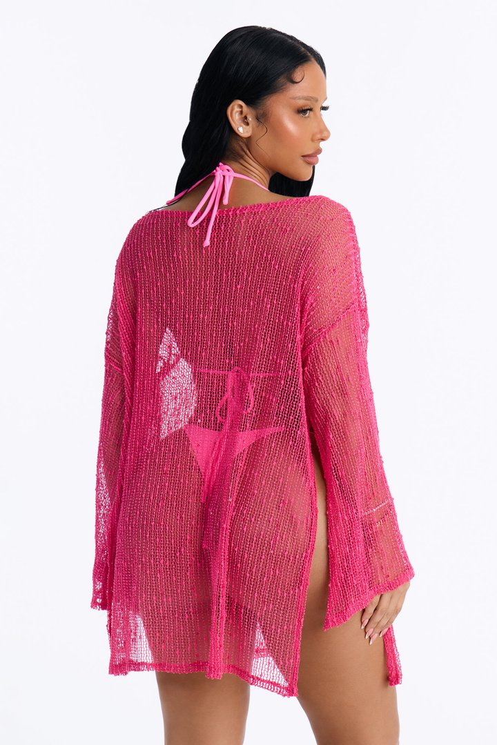 Sarah Textured Long Sleeves Off Shoulder Swim Cover Up Top - Hot Pink