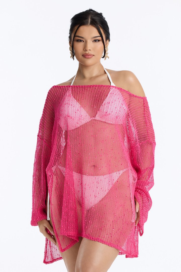 Sarah Textured Long Sleeves Off Shoulder Swim Cover Up Top - Hot Pink