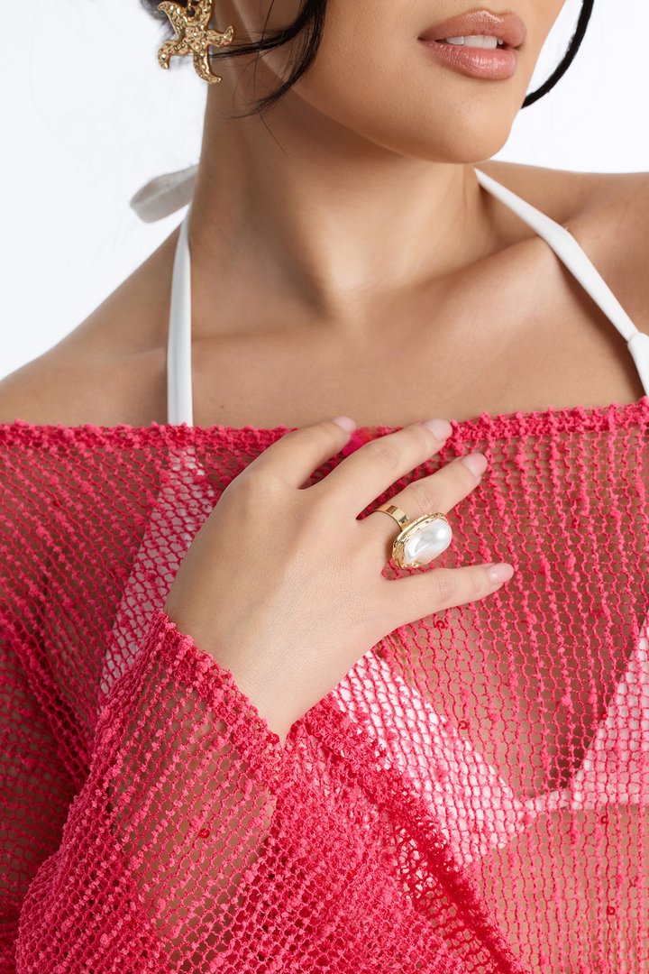 Sarah Textured Long Sleeves Off Shoulder Swim Cover Up Top - Hot Pink
