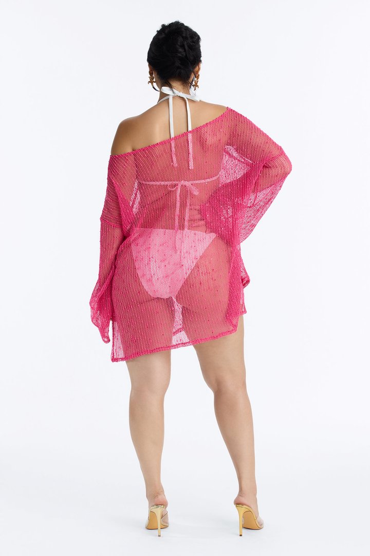 Sarah Textured Long Sleeves Off Shoulder Swim Cover Up Top - Hot Pink