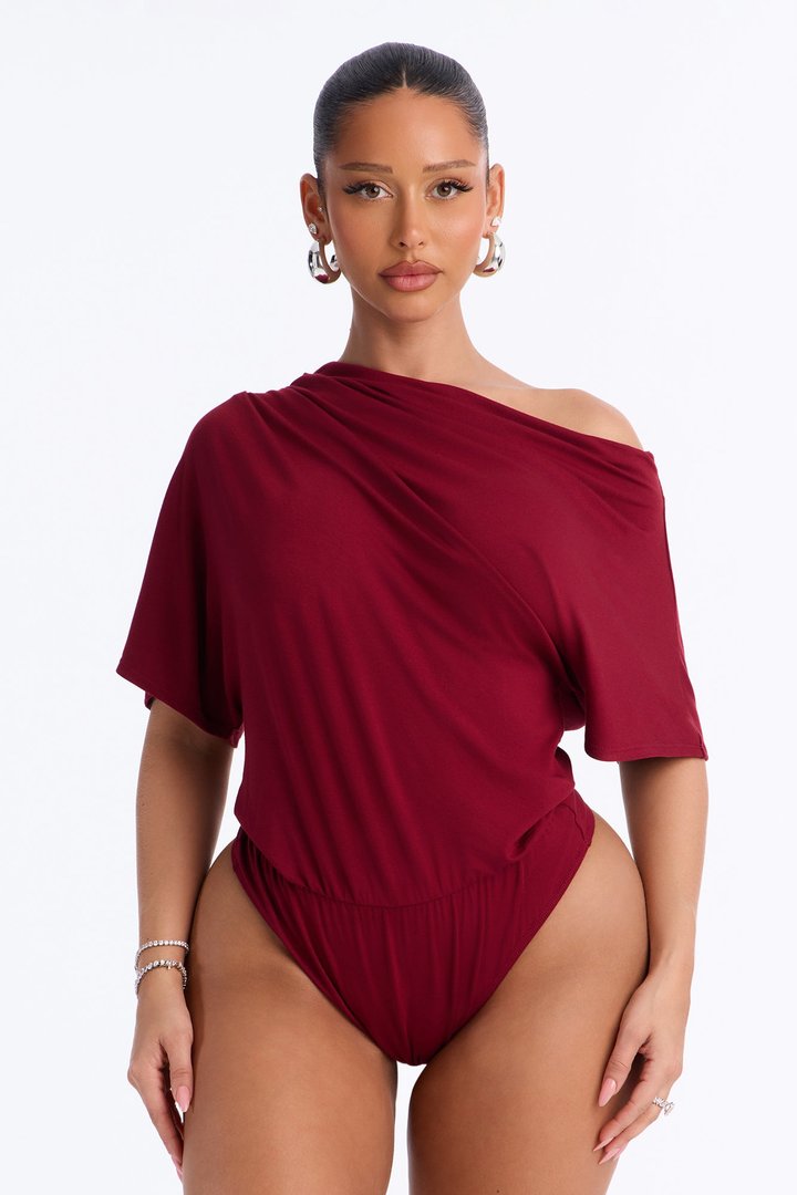 Flatter Me Off Shoulder Bodysuit - Wine