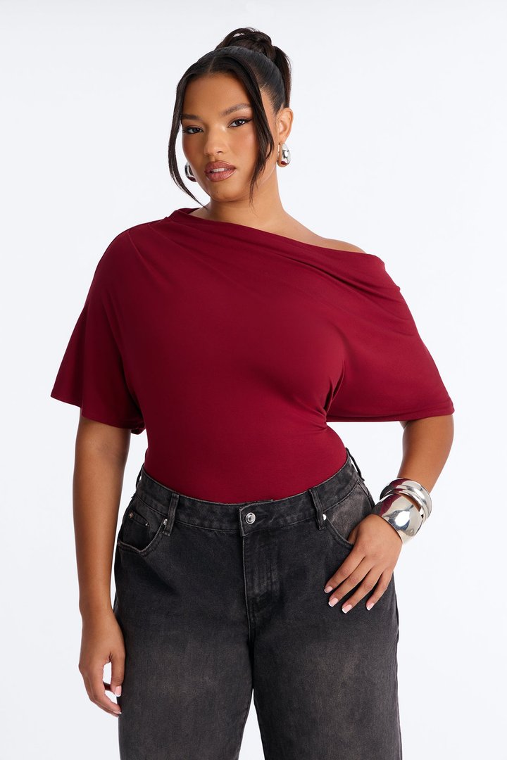 Flatter Me Off Shoulder Bodysuit - Wine
