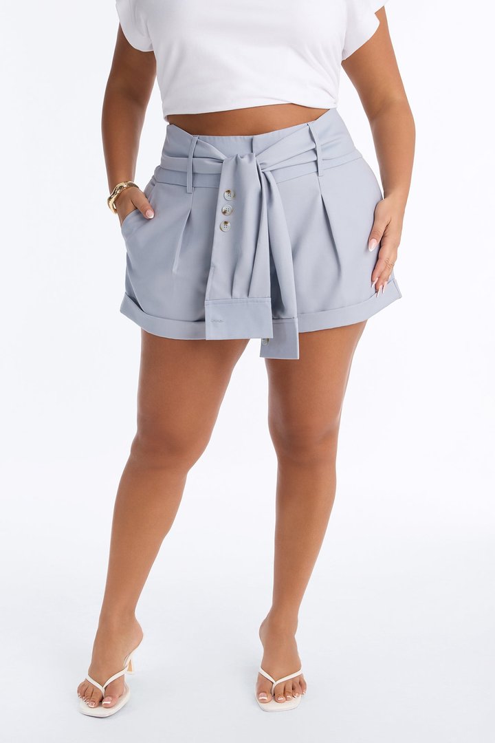 Lyndsie Tie Waist Cuffed Hem Trouser Short - Light Blue