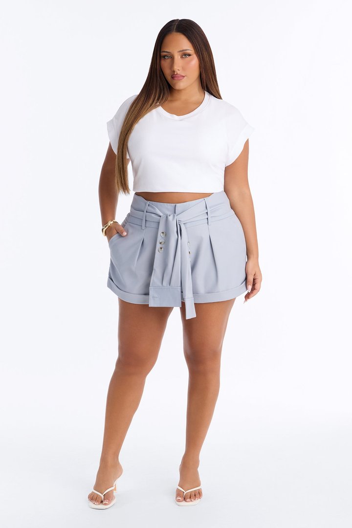Lyndsie Tie Waist Cuffed Hem Trouser Short - Light Blue
