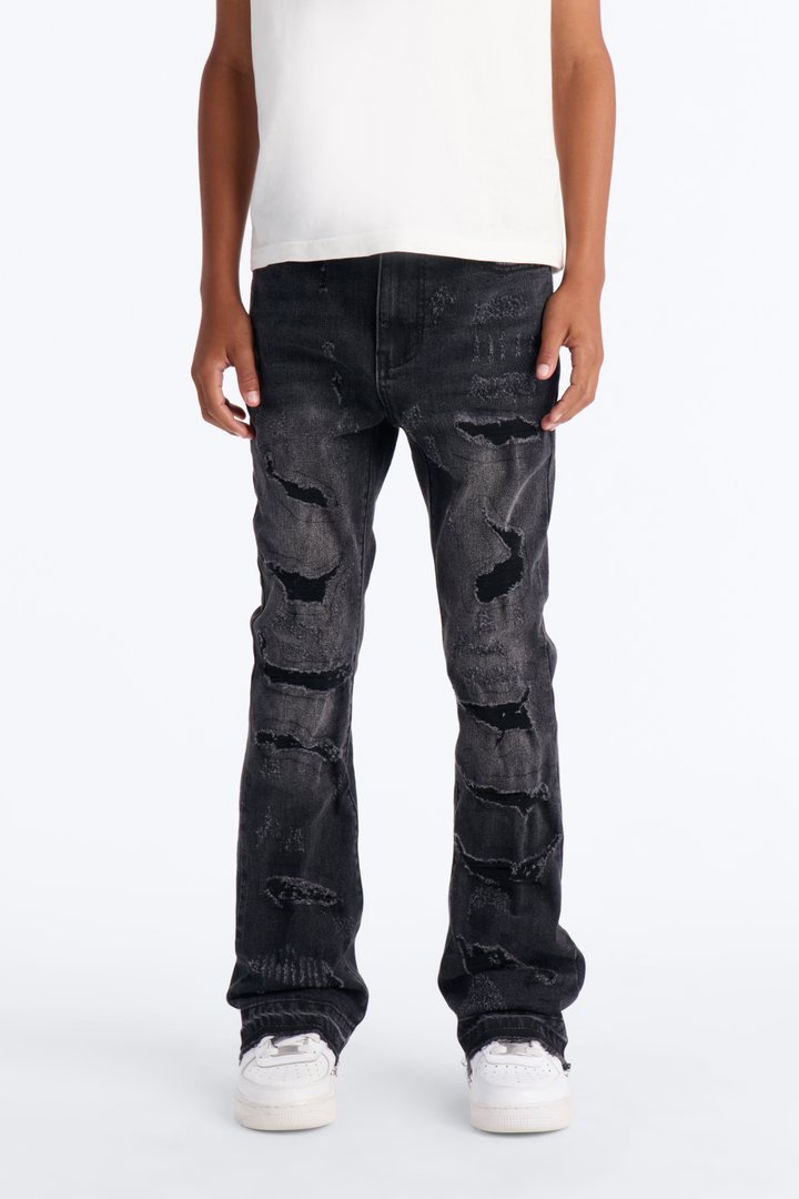 Mini Cuff Me Stacked Skinny Flared Jeans - Black Wash