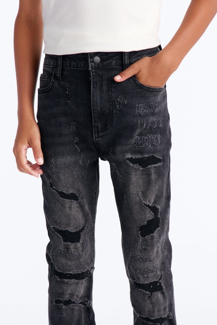 Mini Cuff Me Stacked Skinny Flared Jeans - Black Wash