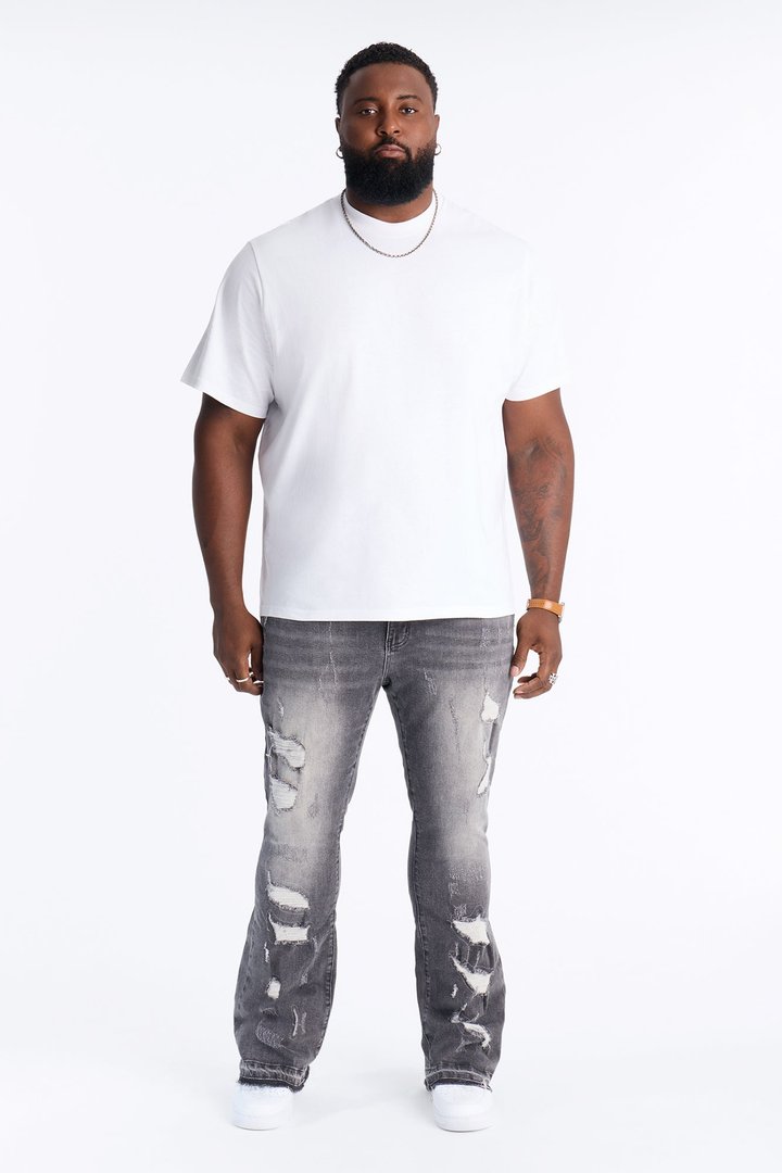 Cuff Me Stacked Skinny Flared Jeans - Grey