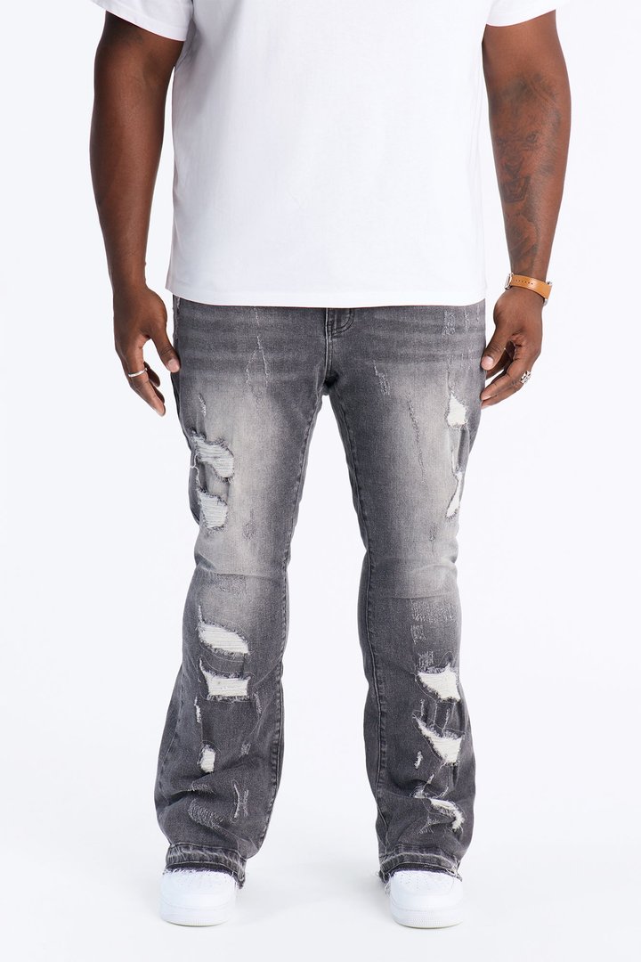 Cuff Me Stacked Skinny Flared Jeans - Grey