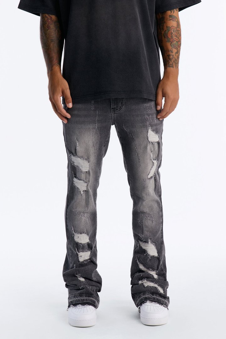 Cuff Me Stacked Skinny Flared Jeans - Grey