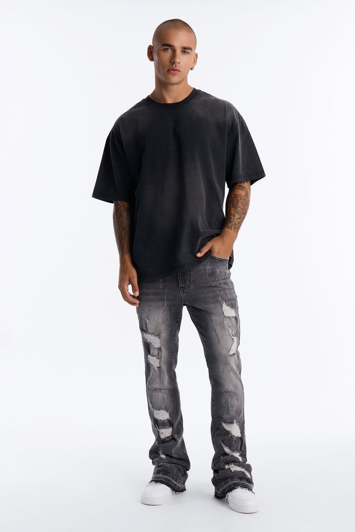 Cuff Me Stacked Skinny Flared Jeans - Grey