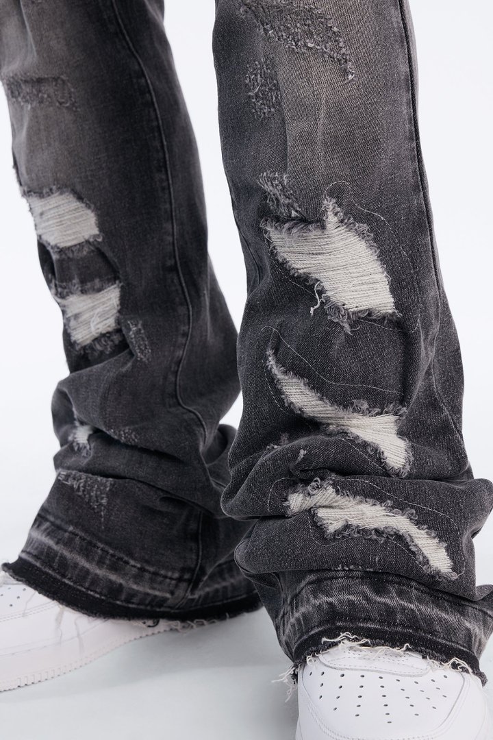 Cuff Me Stacked Skinny Flared Jeans - Grey
