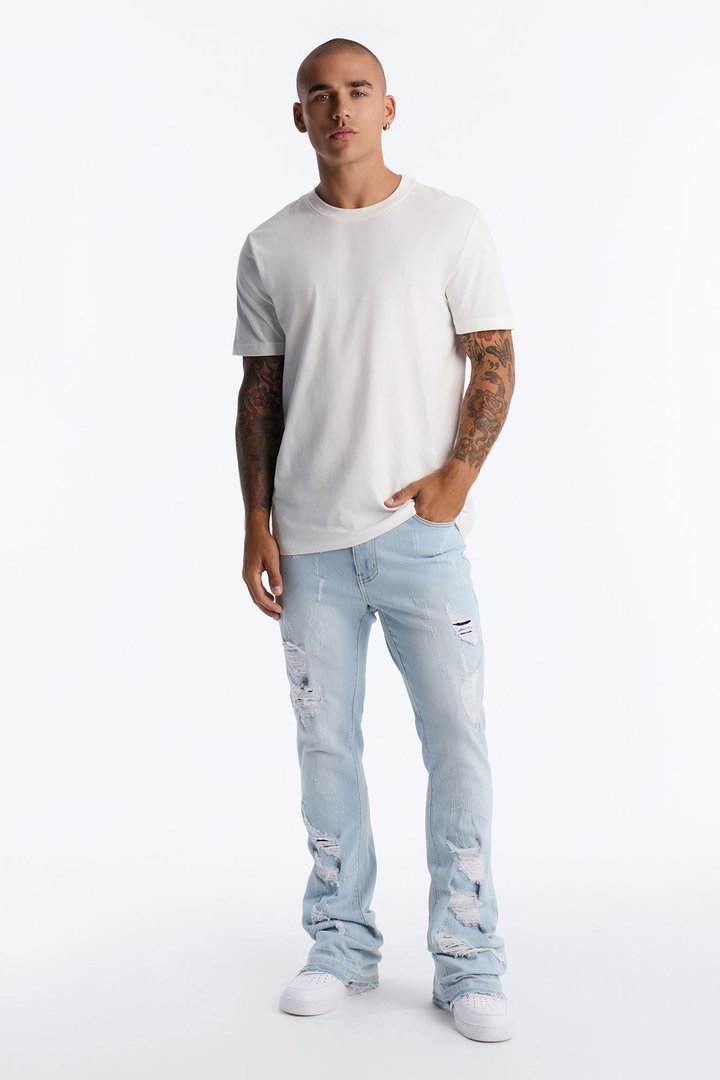 Cuff Me Stacked Skinny Flared Jeans - Light Blue Wash