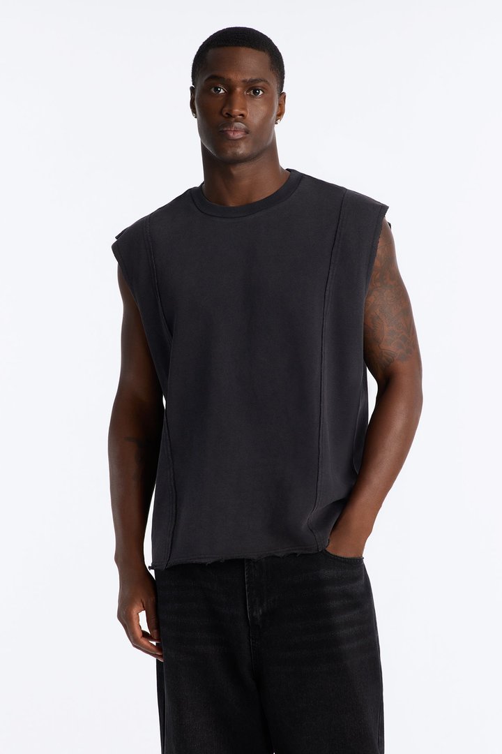 Greaser Paneled Fleece Muscle Tee - Black Wash