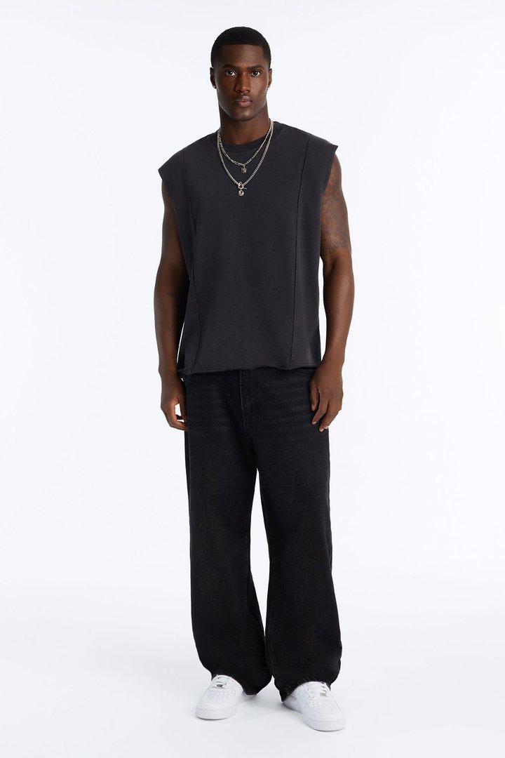 Greaser Paneled Fleece Muscle Tee - Black Wash