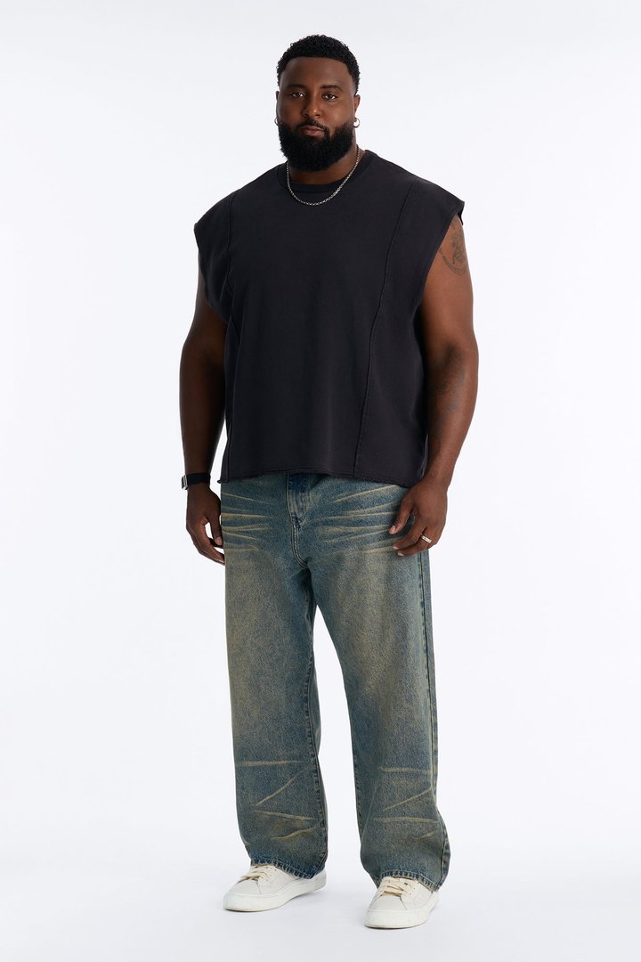 Greaser Paneled Fleece Muscle Tee - Black Wash