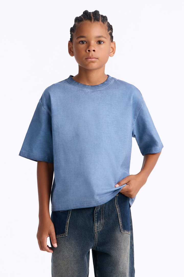 Mini Tinted Wash Boxy Cropped Heavyweight Short Sleeve Tee - Blue