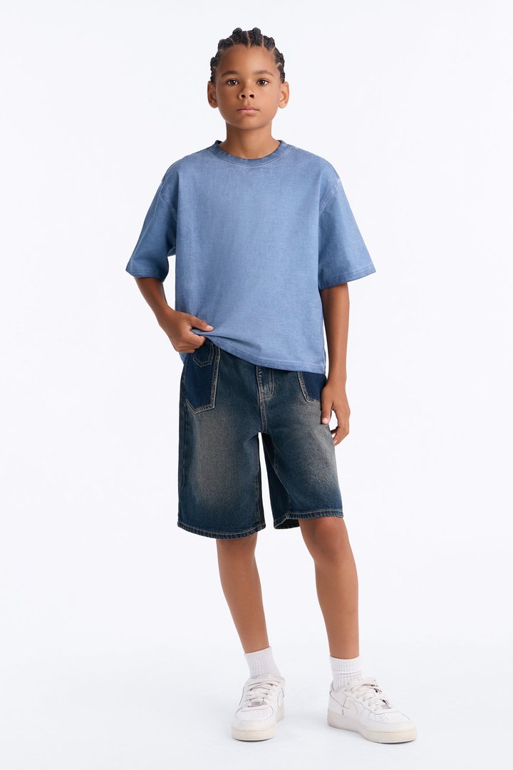 Mini Tinted Wash Boxy Cropped Heavyweight Short Sleeve Tee - Blue