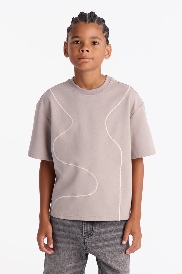 Mini Vertical Wavy Contrast Stitch Boxy Cropped Tee - Taupe