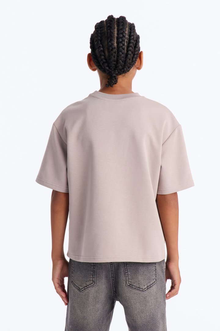 Mini Vertical Wavy Contrast Stitch Boxy Cropped Tee - Taupe