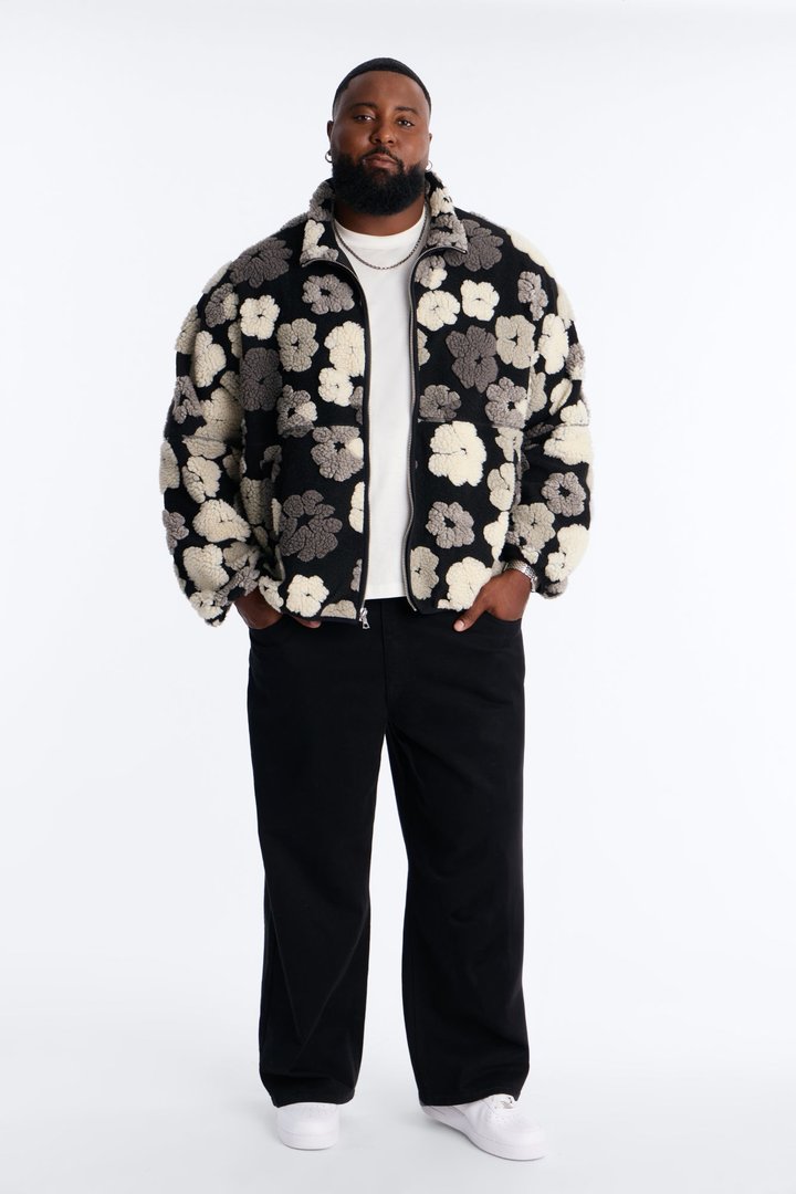 Sherpa Tears Oversized Zip Jacket - Black/combo