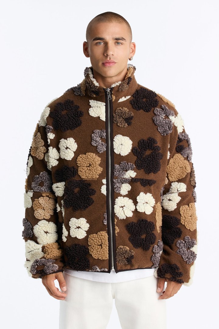 Sherpa Tears Oversized Zip Jacket - Brown/combo