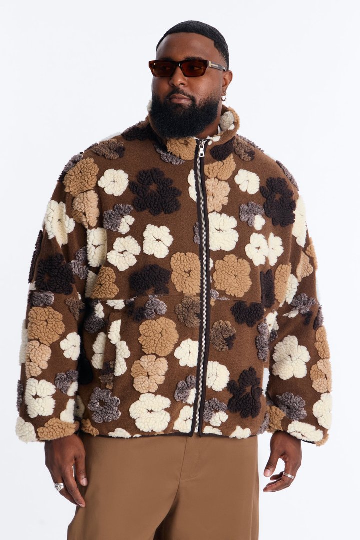 Sherpa Tears Oversized Zip Jacket - Brown/combo