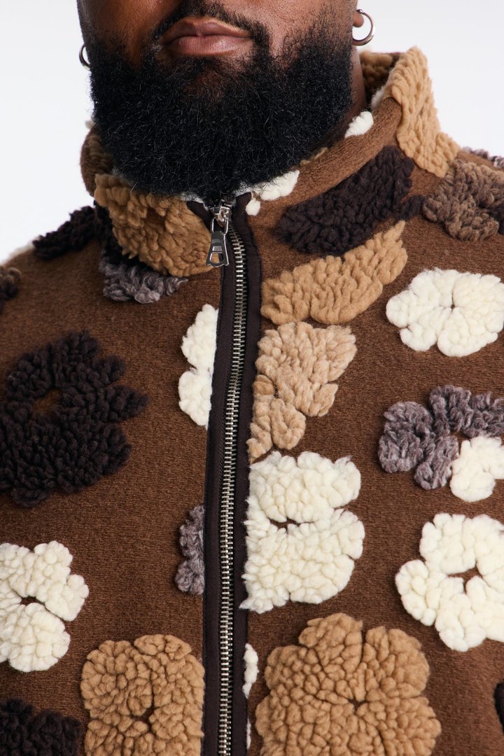 Sherpa Tears Oversized Zip Jacket - Brown/combo