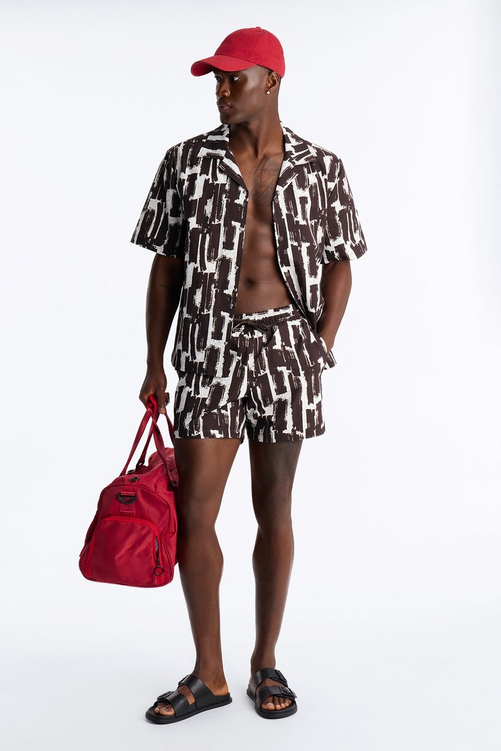 Seersucker Printed Short Sleeve Cuban Collar Shirt - Brown/combo